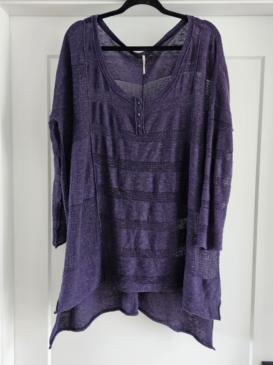 Free People Tops - Free People Deep Purple Open-Knit Henley Tunic Oversized Medium Long Sleeve